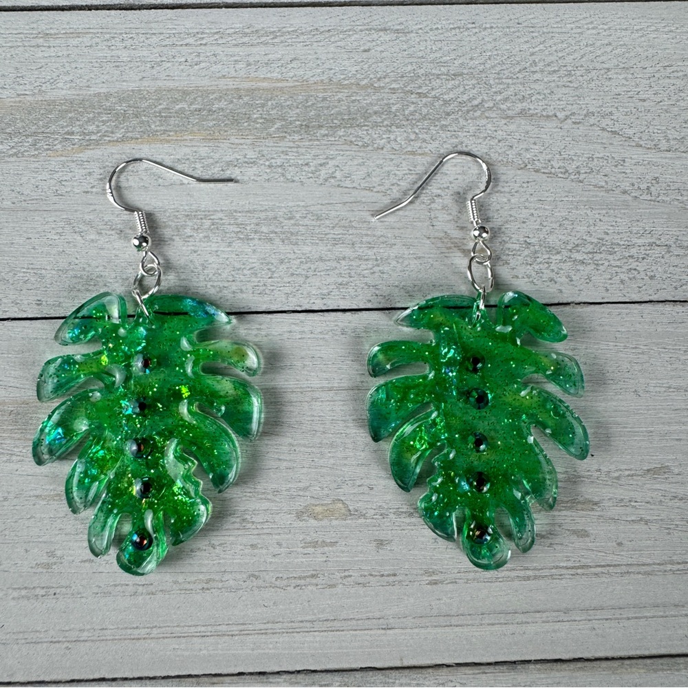 Monstera Leaf Earrings Green Handmade Glitter‎ Shimmer Rhinestones